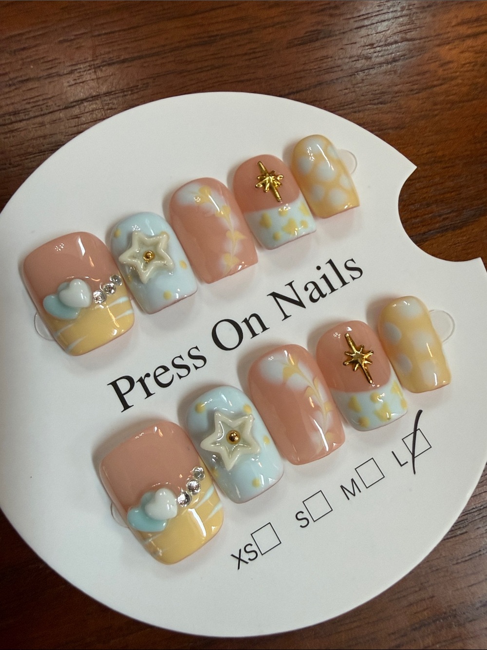 3D Pastel Star & Heart Press-On Nails in Peach, Blue, Yellow - large